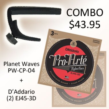 COMBO (2) D'Addario EJ45-3D + (1) Planet Waves PW-CP-04 Capo