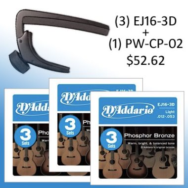 COMBO (3) D'Addario EJ16-3D + (1) Planet Waves PW-CP-02 Capo