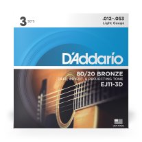 D'Addario EJ11-3D 80/20 Bronze Acoustic Guitar Strings 12-53, 3 sets