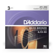 D'Addario EJ13-3D 80/20 Bronze Acoustic Strings Cstm Lt 11-52, 3 sets