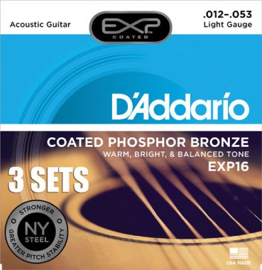 D'Addario EXP Coated Phosphor Bronze Acoustic Guitar Lt 12-53, 3 sets