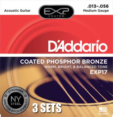 D'Addario EXP Coated Phosphor Bronze Acoustic Guitar Med 13-56, 3 sets