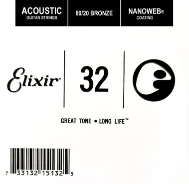 Elixir 15132 Nanoweb 80/20 Bronze Acoustic .032, Single Guitar String
