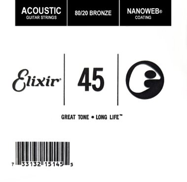 Elixir 15145 Nanoweb 80/20 Bronze Acoustic .045, Single Guitar String