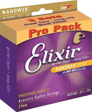 Elixir 16501 3-PACK Phosphor Bronze Nanoweb Coated, Medium (13 - 56)