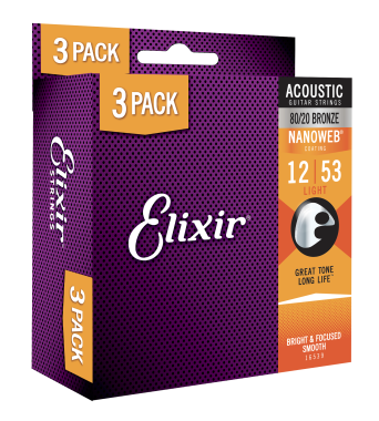 Elixir 16539 Nanoweb Coated 80/20 Bronze Acoustic Lt 12-53 3-PACK