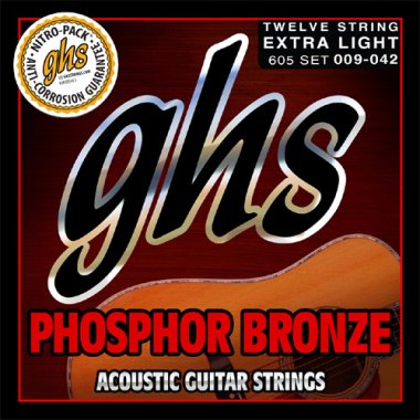 GHS Phosphor Bronze 12-String Acoustic Guitar Strings 605 Ex Lt 9-42
