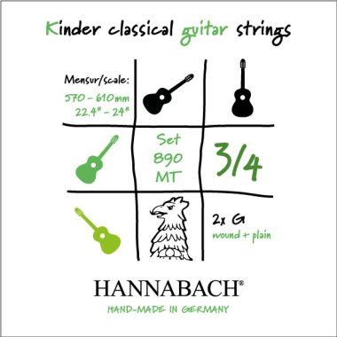 Hannabach Kinder Guitar Strings 3/4 size (57 - 61cm) 890MT, Full Set