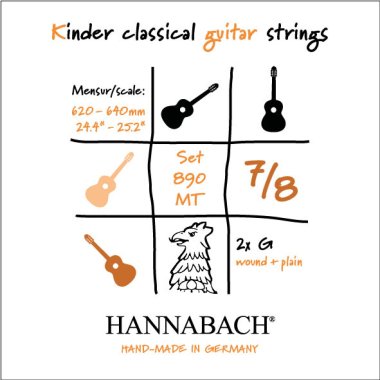 Hannabach Kinder Guitar Strings 7/8 size (62-64cm) 890MT, Full Set