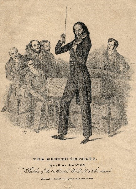 One of the numerous caricatures of Paganini playing the violin.