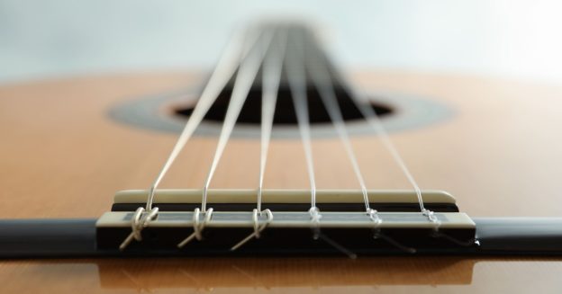 A shot from an acoustic guitar bridge tailpiece