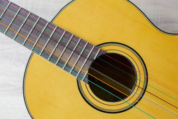 A Close up shot of a acoustic guitar